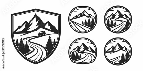 A shield-shaped emblem featuring a mountain range and three circular badges with symbols. Vector