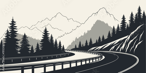 A scenic view of a winding road through a mountainous landscape with a train journeying along it. Vector