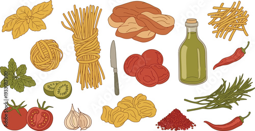 Italian food ingredients set vector illustration. Hand drawn pasta, vegetables, herbs, and spices for cooking design. Culinary elements collection.