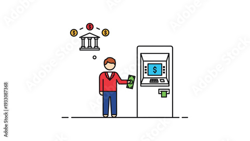 Illustration of a man withdrawing cash from an automated teller machine while thinking about his bank and finance management.