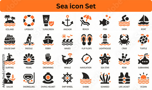 Sea icon set silhouette vector on white background 