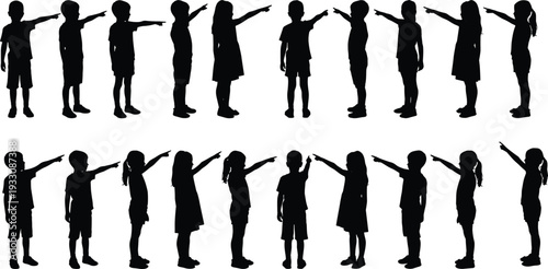 Children pointing gesture silhouettes collection featuring boys and girls standing poses indicating direction and communication in dynamic vector illustration style