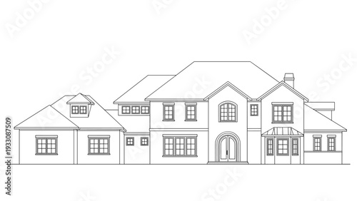 Detailed architectural line drawing of a large suburban residential house showing the front elevation with windows and doors.