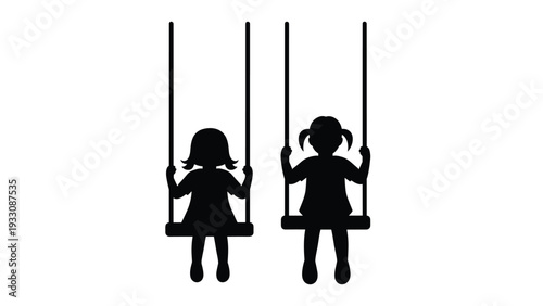 Black silhouette of two young girls sitting side by side on swings against a plain white background representing childhood fun.