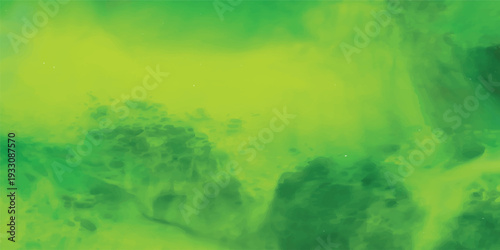 Abstract green watercolor background with soft white clouds in a bright blue sky creating a light and airy summer atmosphere
