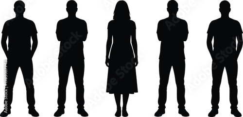 Group of diverse human silhouettes standing in row, representing inclusion, gender diversity, equality, teamwork, anonymity, and social unity concept on white background