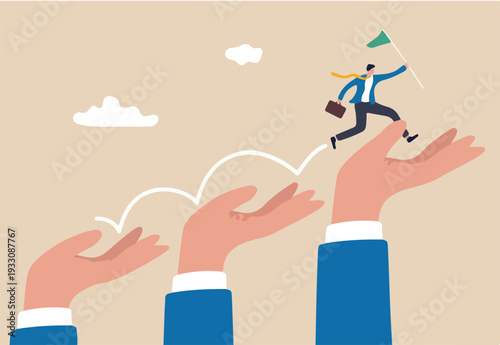 Business support or mentorship to assist employee to success, helping hand or encouragement for teammate to achieve business goal, businessman jumping up giant hand growth ladder to progress target.