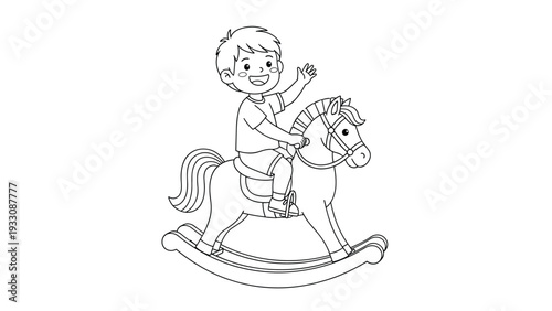 Cute little boy happily waving his hand while sitting on a traditional wooden rocking horse toy in a line art drawing.