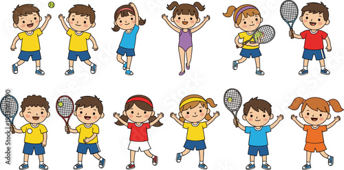 Set of Cute Kids Playing Tennis and Sports with Rackets in Various Poses for Active and Fun Designs