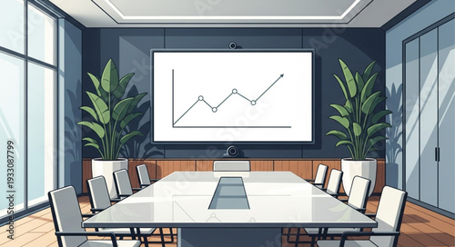 Conference room with a graph on the screen, business meeting concept.