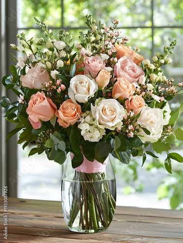 Photo of a beautiful flower bouquet arranged in a glass vase with greenery