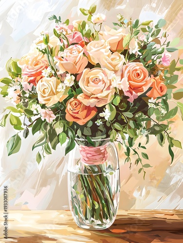 Photo of a beautiful flower bouquet arranged in a glass vase with greenery