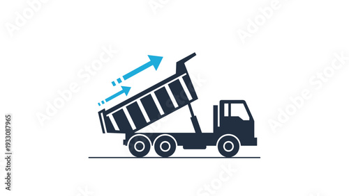 Simple dark blue icon of a dump truck with its bed tilted upwards and arrows indicating the dumping motion.