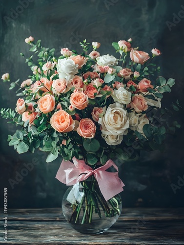 Photo of a beautiful flower bouquet arranged in a glass vase with greenery