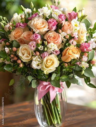 Photo of a beautiful flower bouquet arranged in a glass vase with greenery