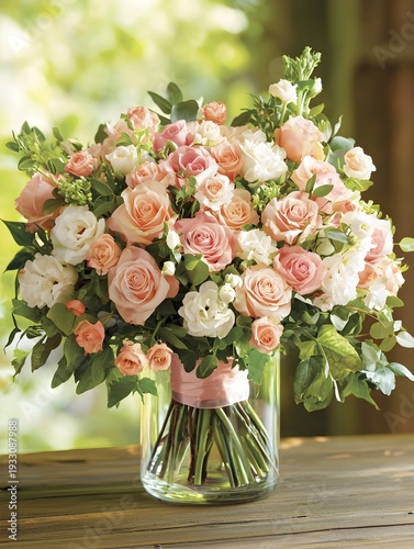 Photo of a beautiful flower bouquet arranged in a glass vase with greenery