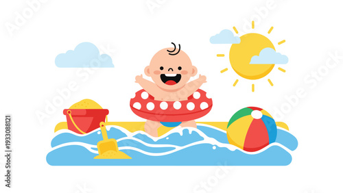 Cute baby sitting in a red inflatable ring on the beach with a colorful ball, a bucket of sand, and a bright sun.