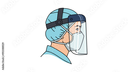 Side profile of a medical worker wearing a surgical cap, a face mask, and a protective plastic face shield for safety.