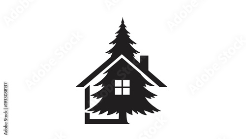 Black silhouette of a simple house combined with a large pine tree symbol to represent nature and eco friendly living.