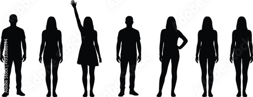Row of diverse human silhouettes with one figure raising arm, symbolizing individuality, leadership, volunteering, standing out, teamwork, inclusion, and social unity concept on white background