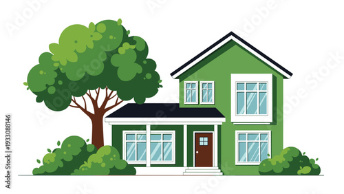 Modern two story green residential house with white trim surrounded by lush green trees and bushes on a white background.