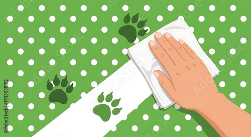 Hand Wiping Paw Print on Green Floor.