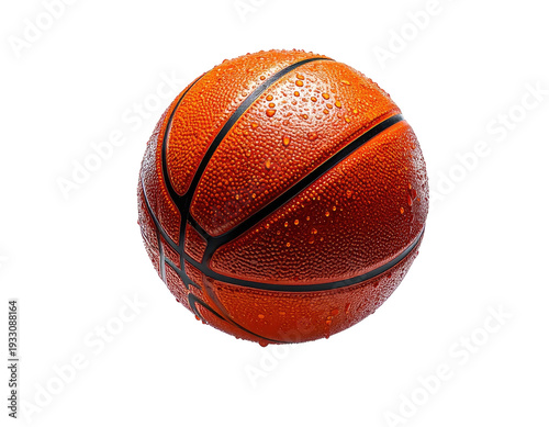 A wet, textured basketball sits isolated against a stark black background