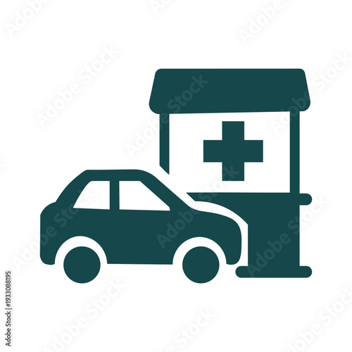 Drive-thru pharmacy icon with car and medical cross building
