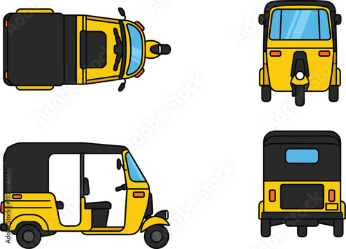 Auto rickshaw tuk tuk illustration showing top, side, front and rear views of urban three wheeler public transport vehicle