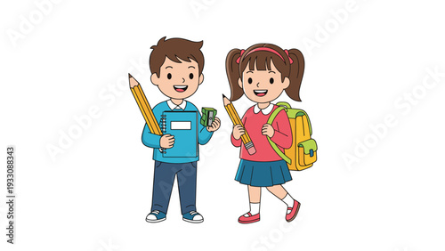 Smiling boy and girl students holding giant pencils, a notebook, and a sharpener ready for school and learning.