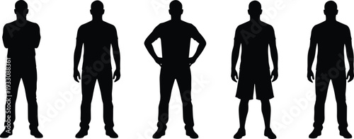 Row of male silhouettes with varied postures and clothing details, symbolizing individuality, diversity, human representation, fashion variation, and posture concept on white background