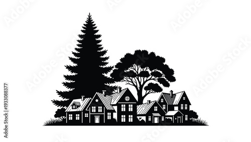 Black silhouette of a row of small houses or a village nestled among tall pine and deciduous trees in a rural setting.