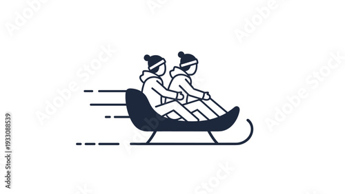 Minimalist line art icon depicting two people riding together on a fast moving sled during a winter holiday adventure.