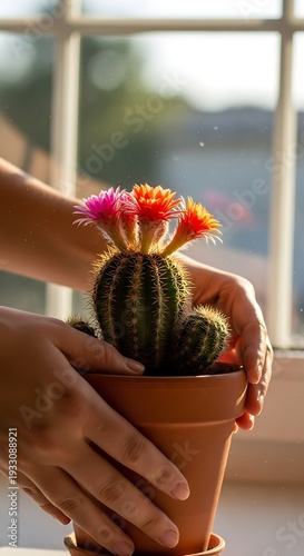 Hands holding a potted cactus with flowers.