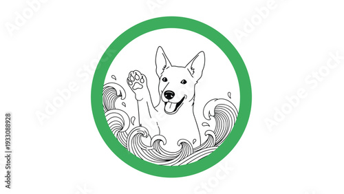 Line art of a dog waving its paw while swimming in ocean waves inside a circular green border frame for pet safety.
