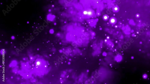 Vibrant purple particles floating in dark space with glowing effect