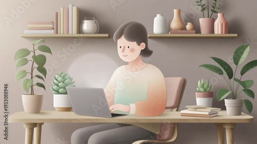 Woman Working Laptop Home Office Modern Minimalist Desk Setup With Plants Bookshelf
