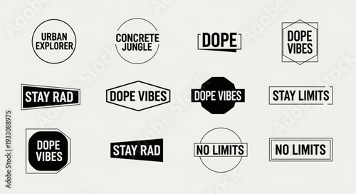 Collection of stylish black and white urban design elements and text labels.