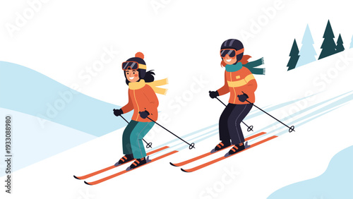 Cheerful children skiing downhill together on a snowy mountain slope during a fun winter vacation in the great outdoors.