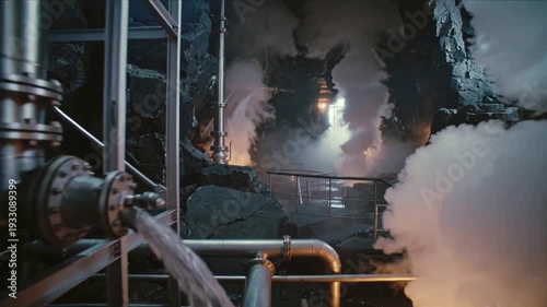 A large industrial pipe is emitting steam in front of a burning factory.