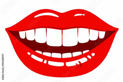 Smiling red lips close-up with shiny highlights and detailed teeth, flat vector on white. Perfect for kiss icon, glamour makeup ads, and playful comic design.