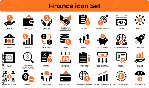 Finance icon set silhouette vector on white background 