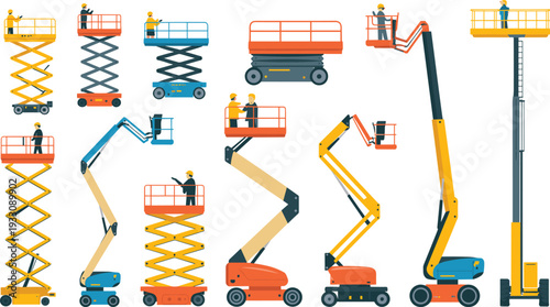Aerial work platforms silhouettes illustration set, construction lift vector artwork, industrial equipment design graphics, safety icons collection, elevated access symbol