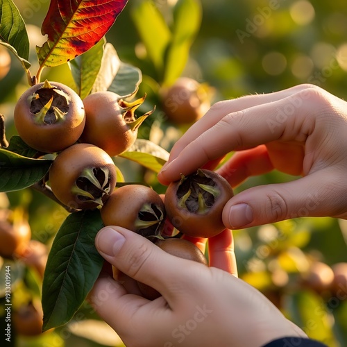 Hands Picking Fresh Persimmons from Tree Branch.