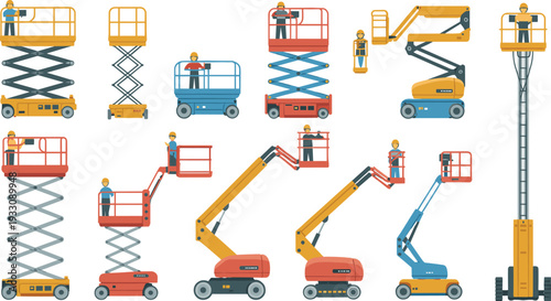 Aerial work platforms silhouettes illustration set, construction lift vector artwork, maintenance equipment design graphics, elevated access icons collection, safety symbol