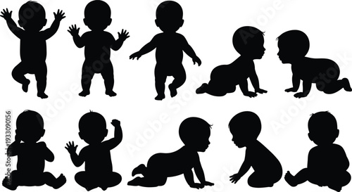 Baby silhouettes illustration set, infant poses vector artwork, childhood development design graphics, toddler icons collection, early growth symbol