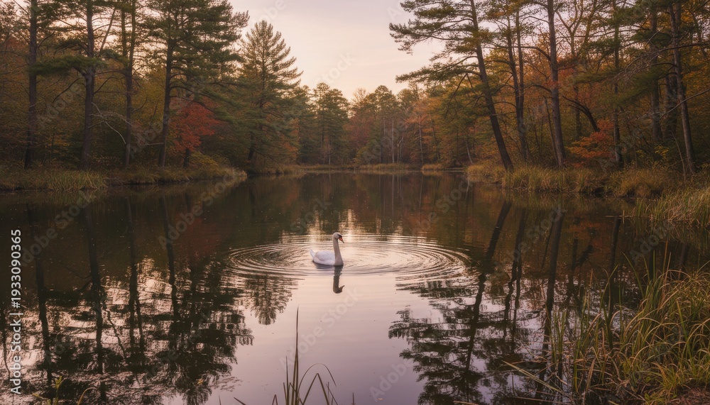 Fototapeta premium Elegant White Swan Gliding on Serene Lake Amidst Autumn Forest with Soft Dusk Light
