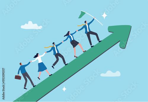 Leadership development, team success or motivation to lead team to reach goal, improvement or progress, growing together concept, businessman and woman team holding hand walk up rising growth