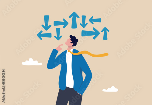 Decision making, decide the right way or choosing options, best alternative or solution to success, business direction or thinking concept, contemplation businessman making decision where to go next.