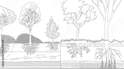 Cross section of various tree root systems in different soil layers and ground conditions roots